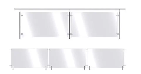 Glass fence section set. Plexiglass balustrade with metal railing and clear Stock Illustration