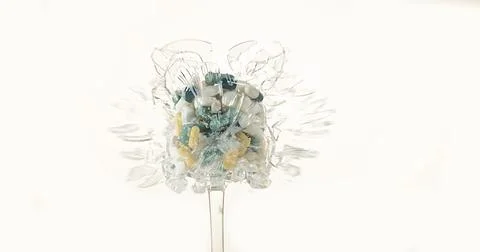 Glass filled with Capsules Exploding against White Background Stock Photos