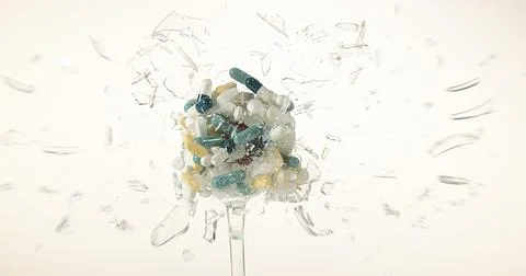 Glass filled with Capsules Exploding against White Background Stock Photos
