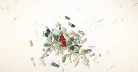Glass filled with Capsules Exploding against White Background Stock Photos