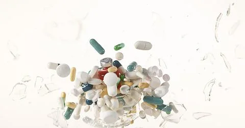 Glass filled with Capsules Exploding against White Background Stock Photos