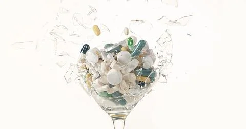 Glass filled with Capsules Exploding against White Background 스톡 사진