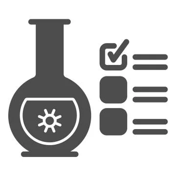 Glass flask for analysis and checkmark solid icon, covid-19 concept, checklist Stock Illustration