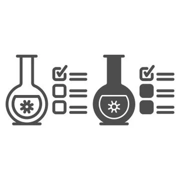 Glass flask for analysis and checkmark line and solid icon, covid-19 concept Stock Illustration