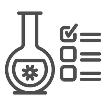 Glass flask for analysis and checkmark line icon, covid-19 concept, checklist Stock Illustration