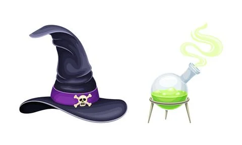 Glass flask with boiling potion and witch hat. Witchcraft objects set cartoon Stock Illustration