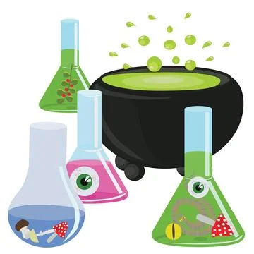 Glass flask with a witchs potion. Vector illustration on white background. Stock Illustration