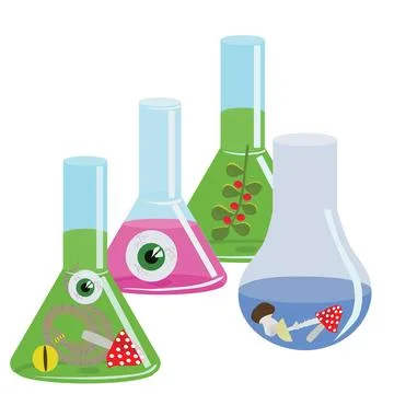Glass flask with a witchs potion. Vector illustration on white background. Stock Illustration