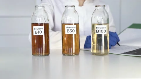 Glass flasks with biodiesel (B10, B30, B100) undergo chemical tests in the Stock Footage 131755930