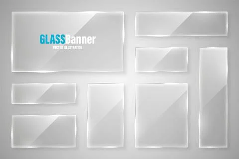 Glass frames collection. Realistic glossy transparent glass banner with glare Illustrazione stock