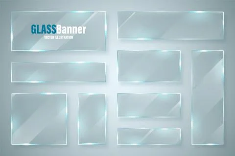 Glass frames collection. Realistic glossy transparent glass banner with glare Illustrazione stock