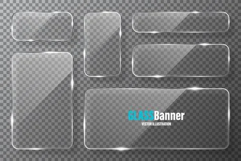 Glass frames collection. Realistic transparent glass banner with glare. Vector Stock Illustration