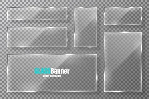Glass frames collection. Realistic transparent glass banner with glare. Vector Stock Illustration