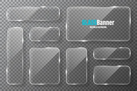 Glass frames collection. Realistic transparent glass banner with glare. Vector Illustrazione stock