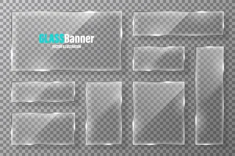 Glass frames collection. Realistic transparent glass banner with glare. Vector Stock Illustration