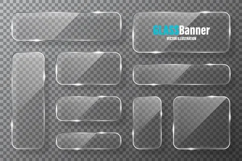 Glass frames collection. Realistic transparent glass banner with glare. Vector Stock Illustration