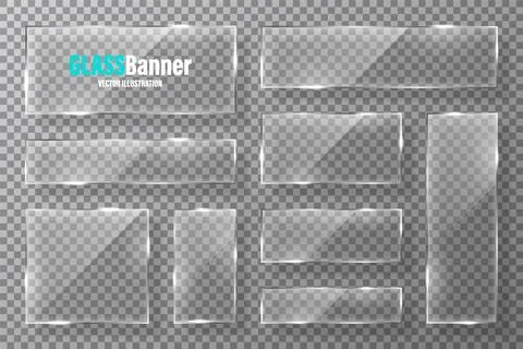 Glass frames collection. Realistic transparent glass banner with glare. Vector Stock Illustration