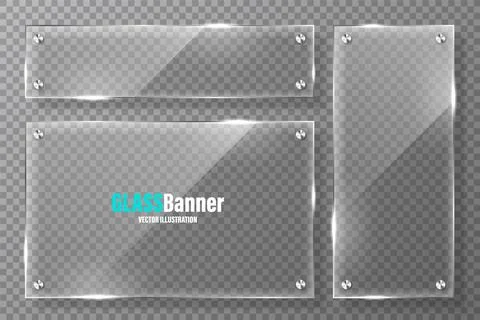 Glass frames with metal holder collection. Realistic transparent glass banner Illustrazione stock