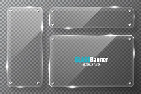 Glass frames with metal holder collection. Realistic transparent glass banner 스톡 일러스트