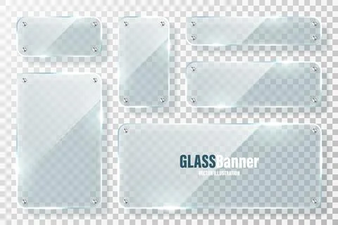 Glass frames with metal holder collection. Realistic transparent glass banner Illustrazione stock