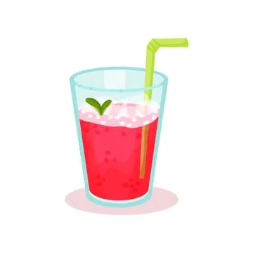 Glass of fresh raspberry cocktail with drinking straw. Fruit beverage. Tasty Stock Illustration