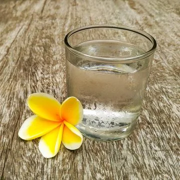 A glass of fresh water and frangipani flower petal. Stock Photos