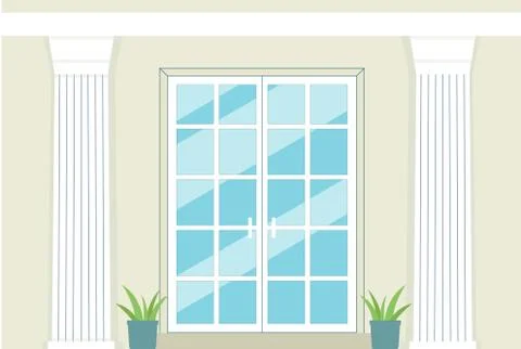 Glass front door of classical building with white decorative columns Ilustración de archivo