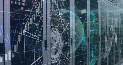 Glass-fronted server racks streaming 3D globe, network nodes and chart overlays Stock Footage 308658074