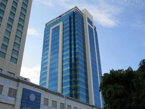 Glass-fronted tower blocks in central Yangon. Stock-Fotos