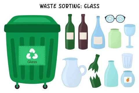 Glass garbage sorting set. Green trash can for glass waste with bottles and Stock Illustration