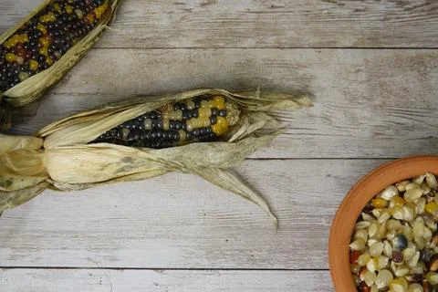 Glass gem corn displayed on rustic wooden table Stock Photos