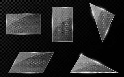 Glass geometric objects with a cyber pattern from honeycombs. A set of blank Illustrazione stock