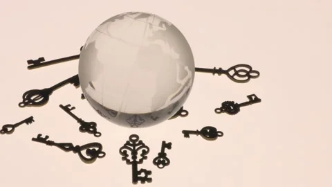 Glass globe and several types of antique keys. Stock Footage 136469787