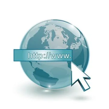 Glass globe earth map 3d blue and cursor with internet address Illustrazione stock