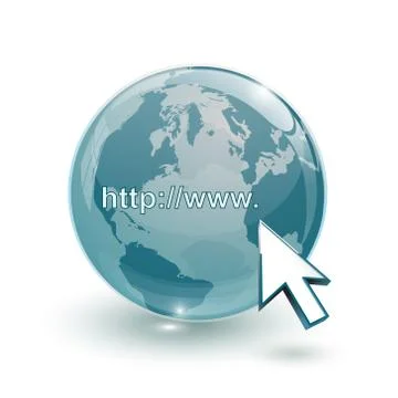 Glass globe earth map 3d blue and cursor with internet address Illustrazione stock