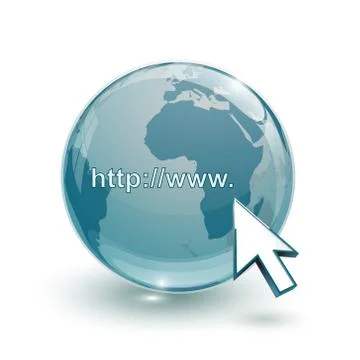 Glass globe earth map 3d blue and cursor with internet address Illustrazione stock