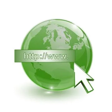 Glass globe earth map 3d green and cursor with internet address Illustrazione stock