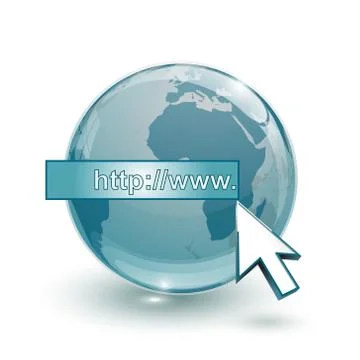 Glass globe earth map 3d blue and cursor with internet address Stock Illustration