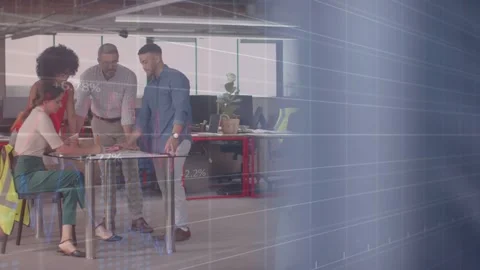 Glass grid shifting clearing view while business team reviewing papers at table Video stock 332642062