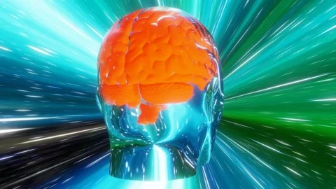 Glass head with orange brain is spinning Stock Footage 248754616