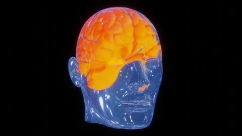 Glass head spinning with the brain showing firing neurons on the surface Stock Footage 246782809
