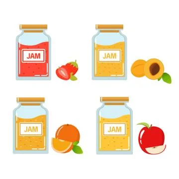 Glass jar with jam and fruit segment and whole orange, pieces of red apple in Stock Illustration