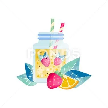Glass jar with lemon-strawberry cocktail. Refreshing juice. Vegetarian smoothie Stock Illustration