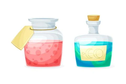Glass Jar with Potion as Magical Object and Witchcraft Item Vector Set Illustrazione stock