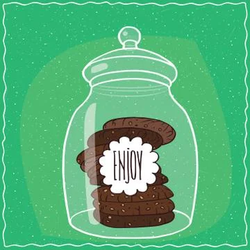 Glass jar with stack of chocolate cookies inside Stock Illustration