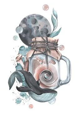 A glass jar with whale, seashells, algae, bubbles and a moon. Watercolor Stock Illustration