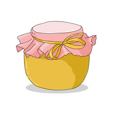 A glass jar of yellow pineapple jam with a pink bow on top for gift. Fruits juic Stock-Illustration