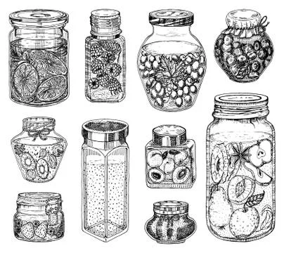 Glass jars with berry jam and fruit set. Vintage bottles with orange Stock Illustration