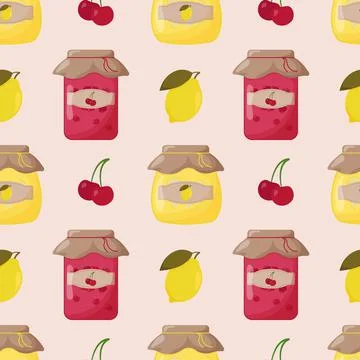Glass jars of jam made of cherry and lemon with a closed lid seamless pattern Stock Illustration