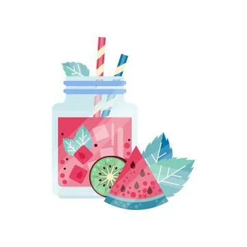 Glass jars with refreshing drink, ice cubes and drinking straws. Juice with kiwi Stock Illustration